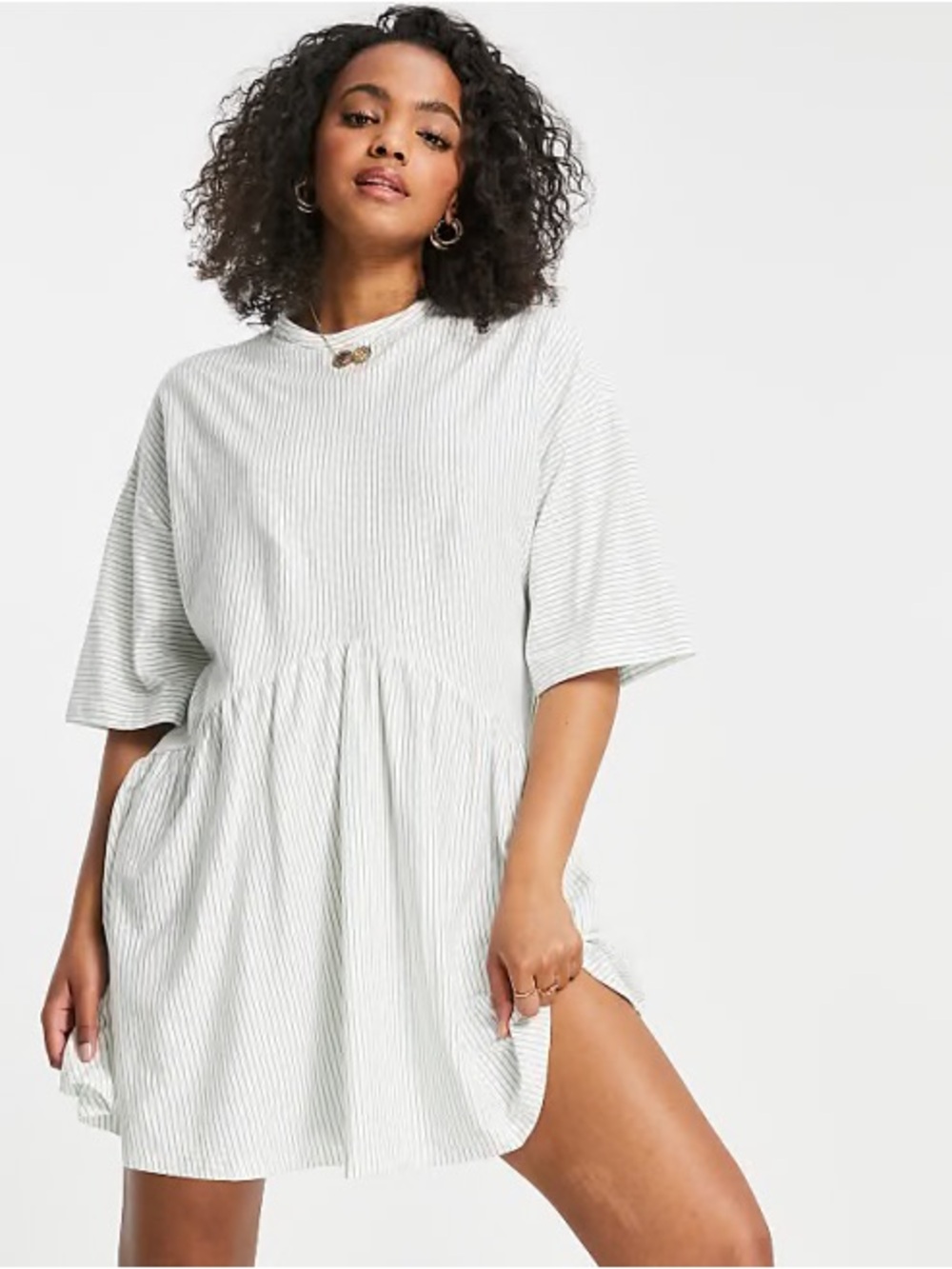ASOS DESIGN Curve Oversized Mini Smock Dress Sage White Stripe Size 10 Cotton